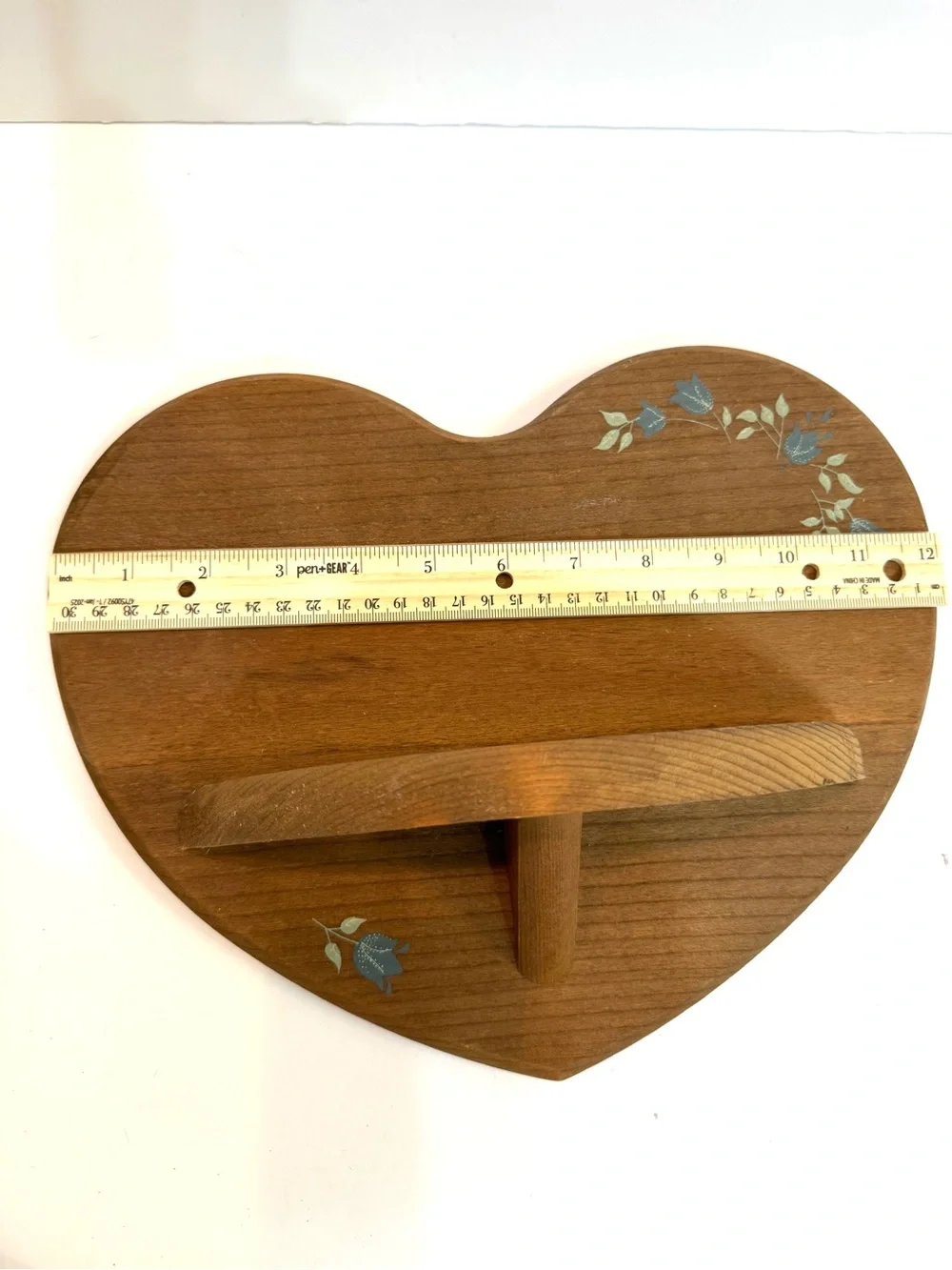 VTG Country Wooden Heart Wall Shelf With Blue Flower Accents Cottagecore